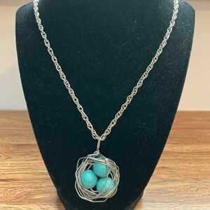 Long Silvertone Necklace & Blue Birds Nest Pendant